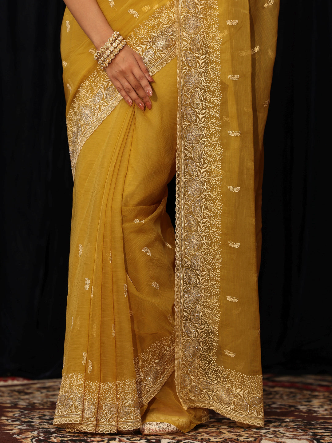  Mustard Chiffon Saree with Floral Border 