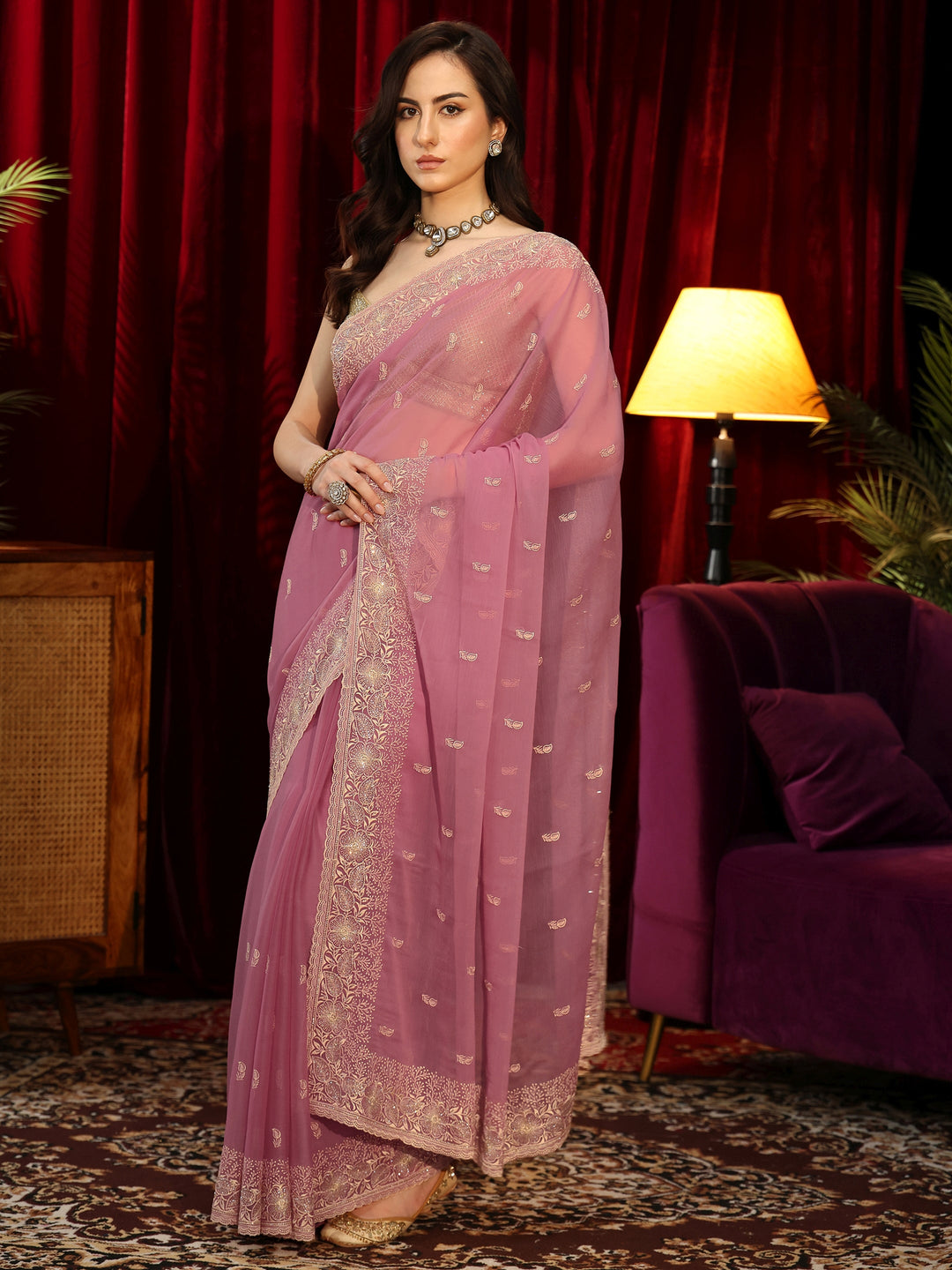  Bubblegum Pink Chiffon Saree with Floral Border 