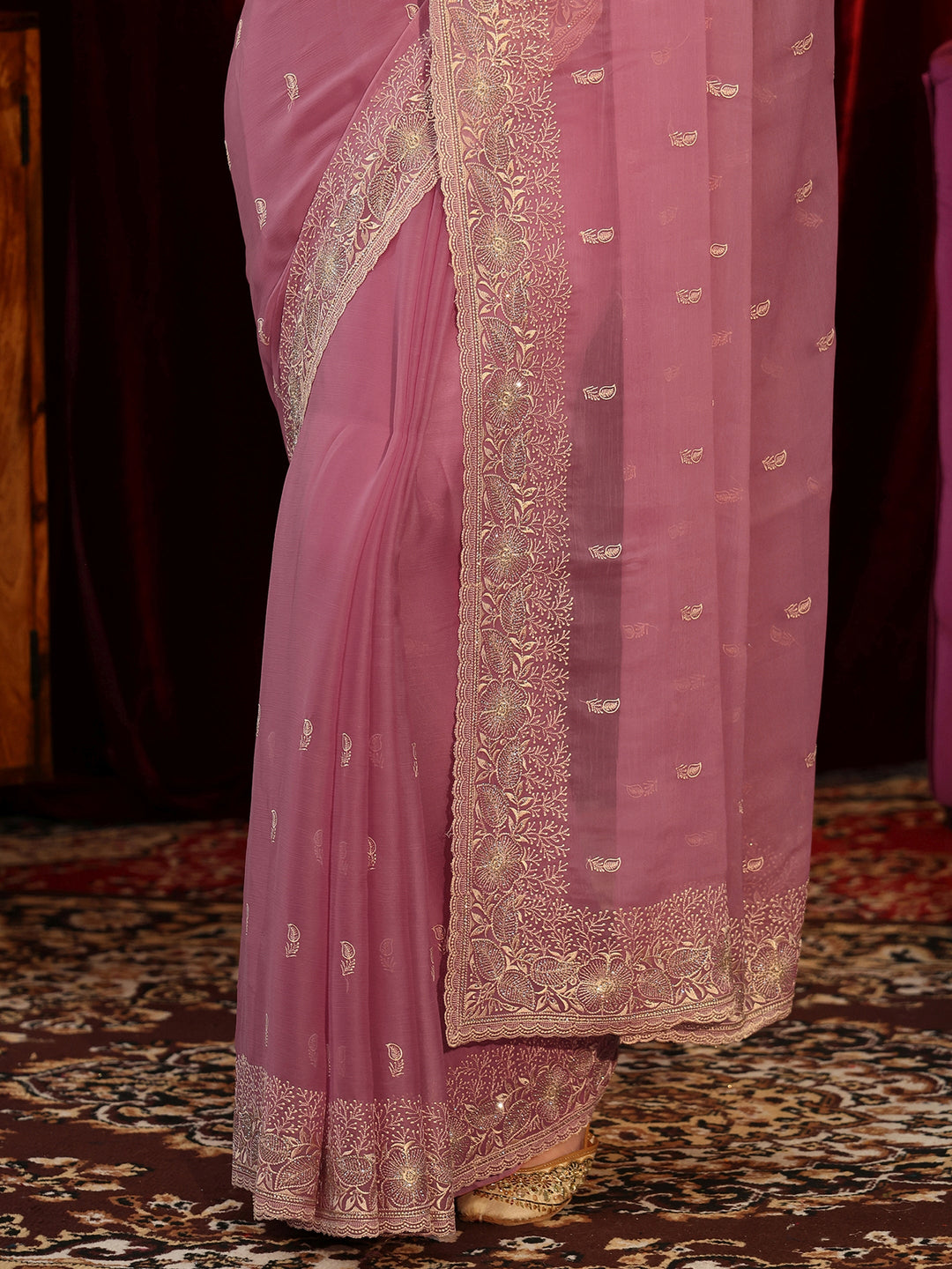  Bubblegum Pink Chiffon Saree with Floral Border 