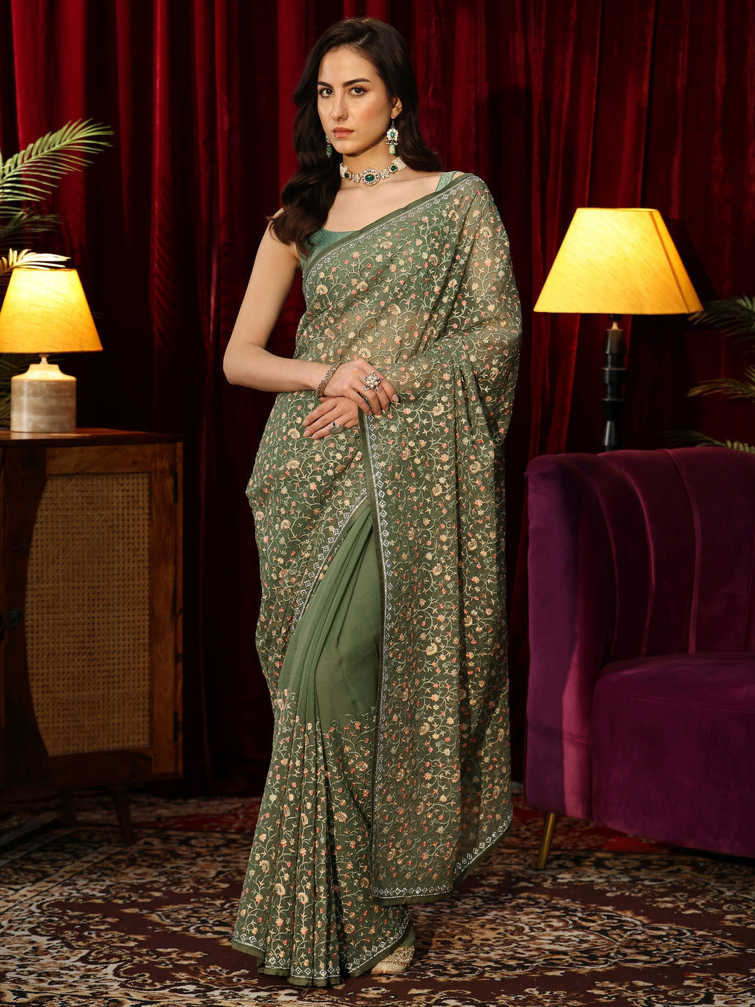  Sap Green Floral Embroidered Chiffon Saree 