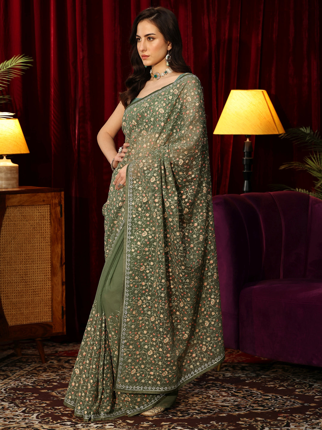  Sap Green Floral Embroidered Chiffon Saree 