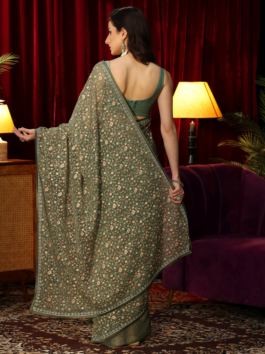  Sap Green Floral Embroidered Chiffon Saree 