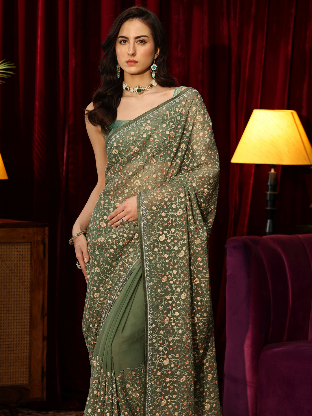 Sap Green Floral Embroidered Chiffon Saree 