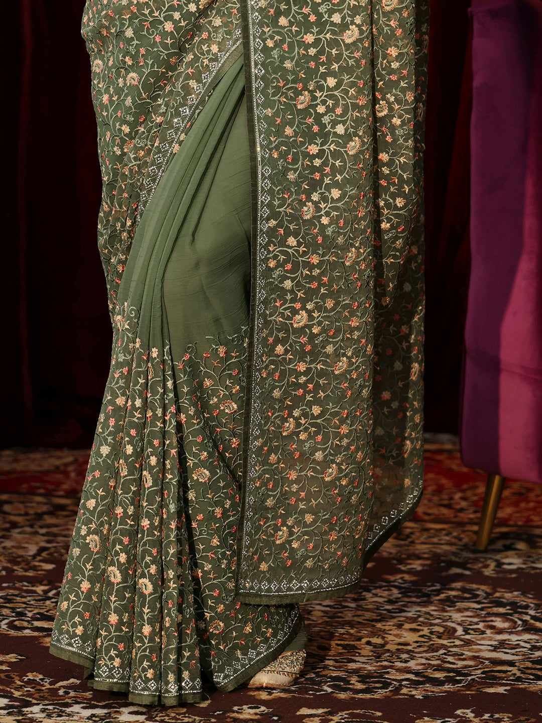  Sap Green Floral Embroidered Chiffon Saree 