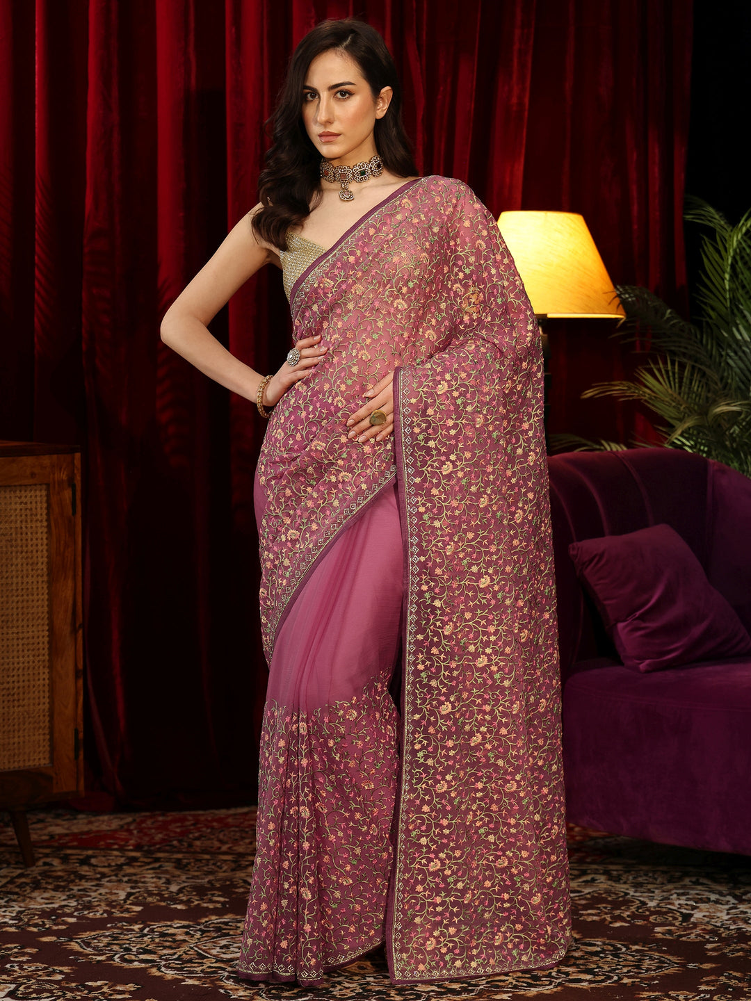  Mauve Floral Embroidered Chiffon Saree 