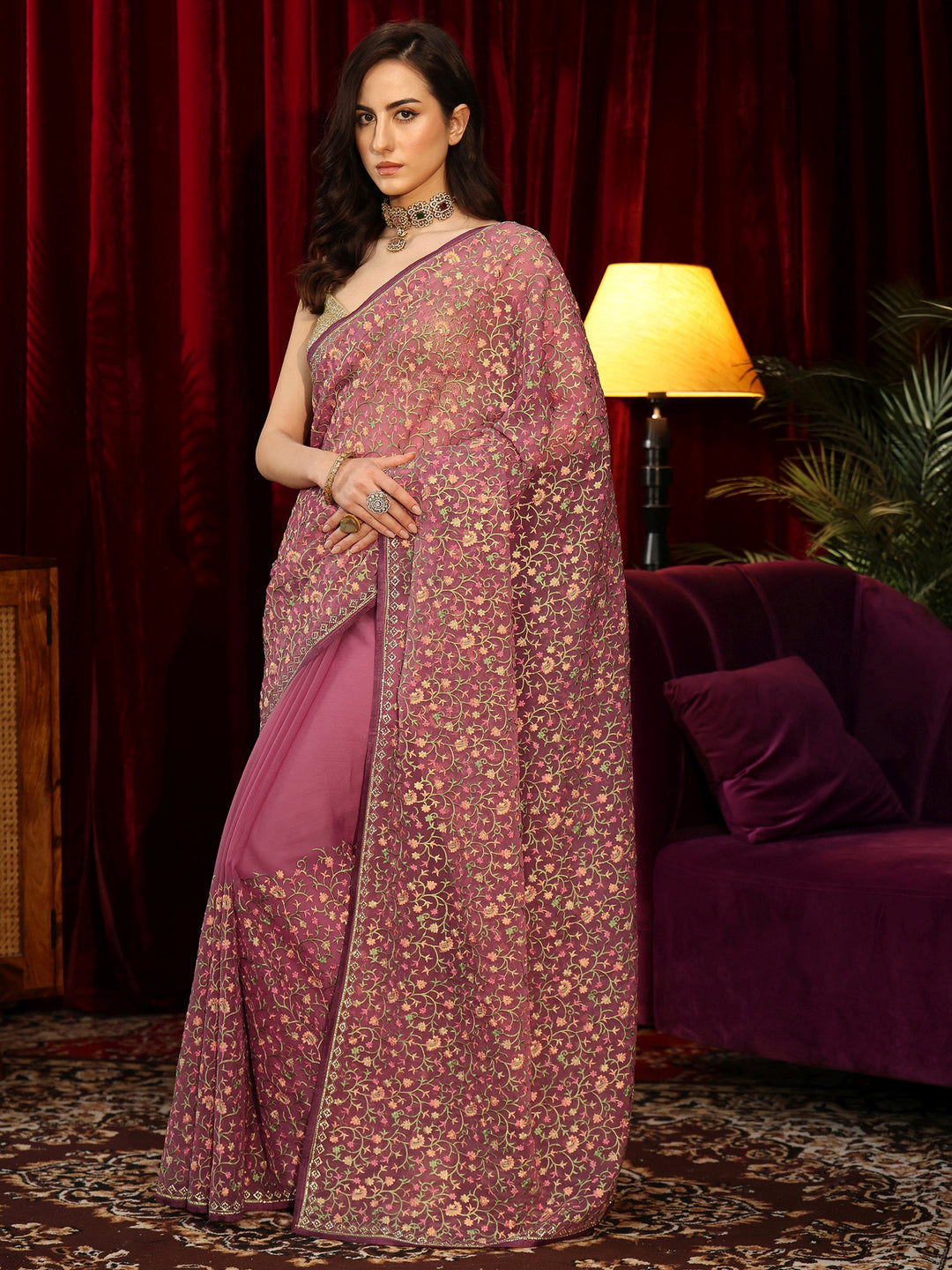  Mauve Floral Embroidered Chiffon Saree 