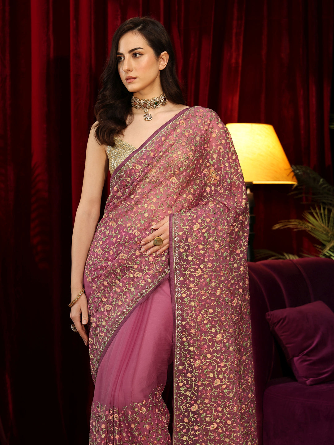  Mauve Floral Embroidered Chiffon Saree 