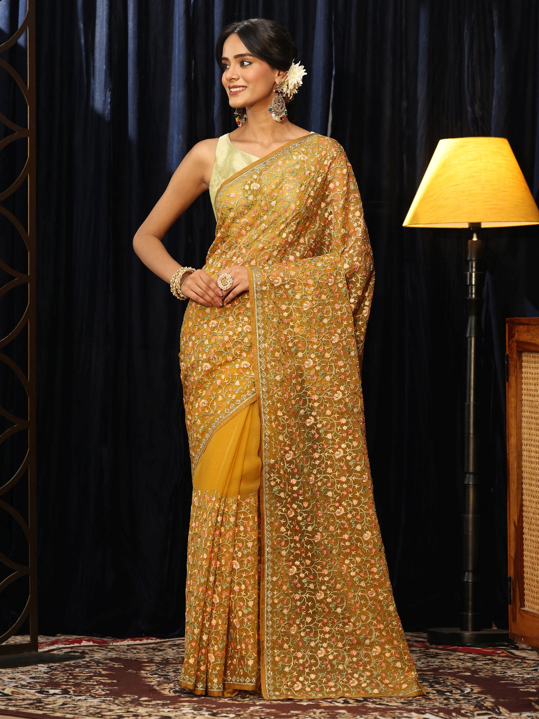  Mustard Floral Embroidered Chiffon Saree 