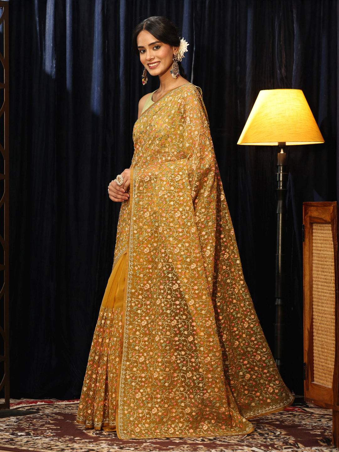  Mustard Floral Embroidered Chiffon Saree 