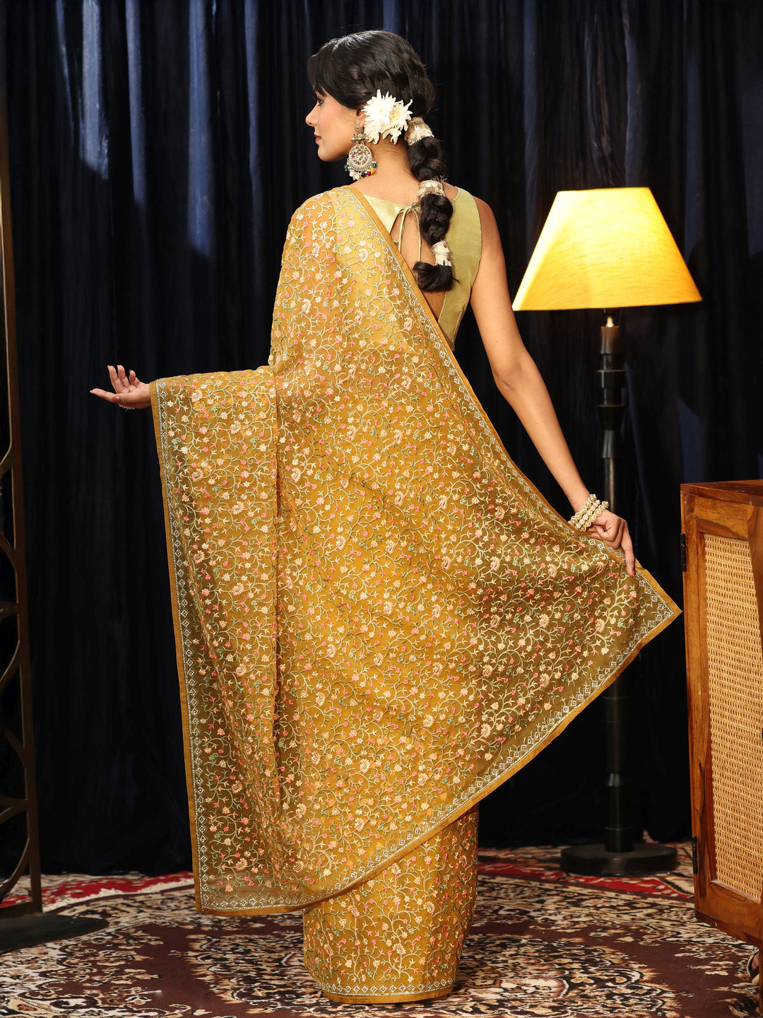  Mustard Floral Embroidered Chiffon Saree 