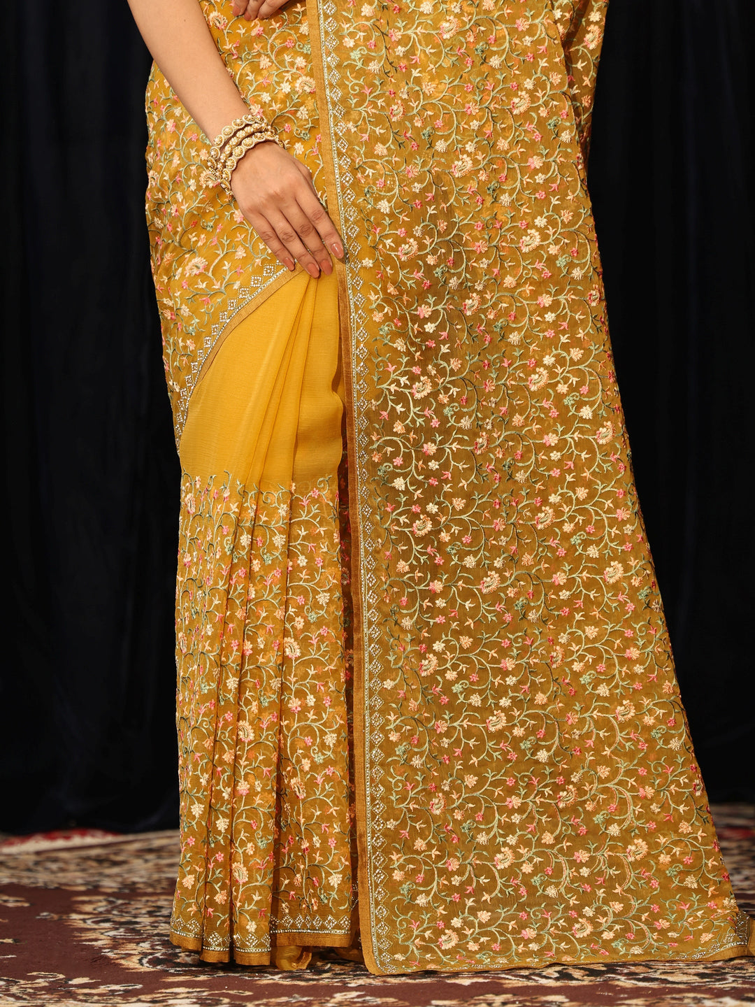  Mustard Floral Embroidered Chiffon Saree 