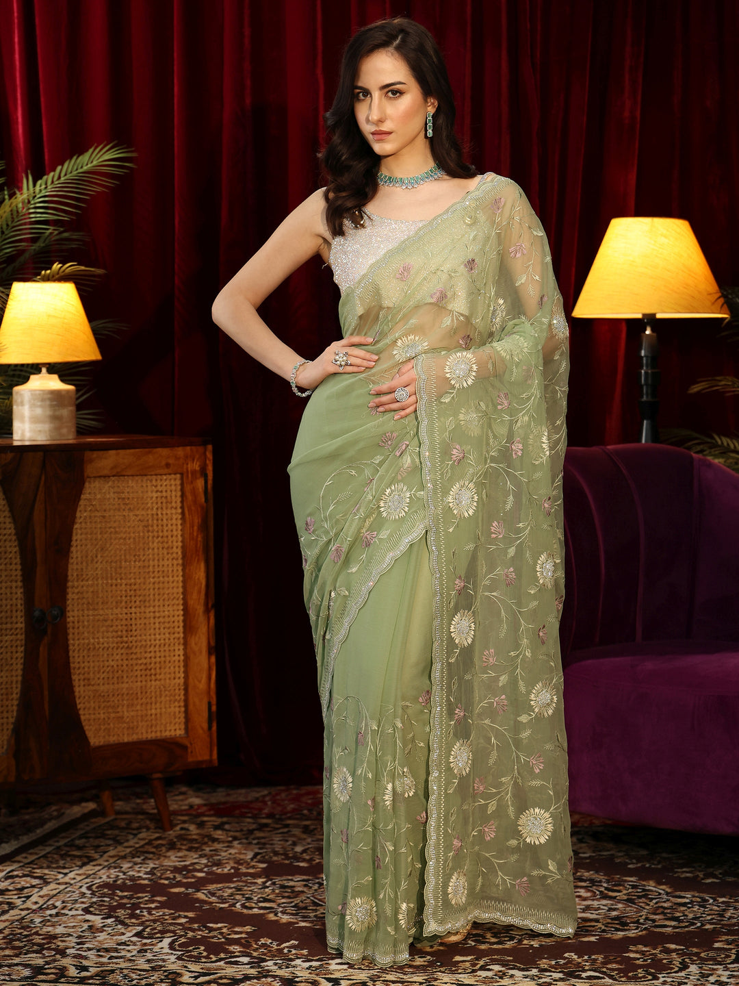  Sage Green Floral Embroidered Chiffon Saree 