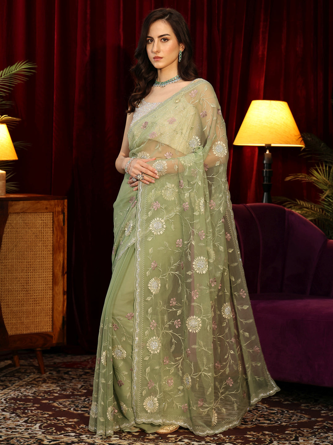  Sage Green Floral Embroidered Chiffon Saree 
