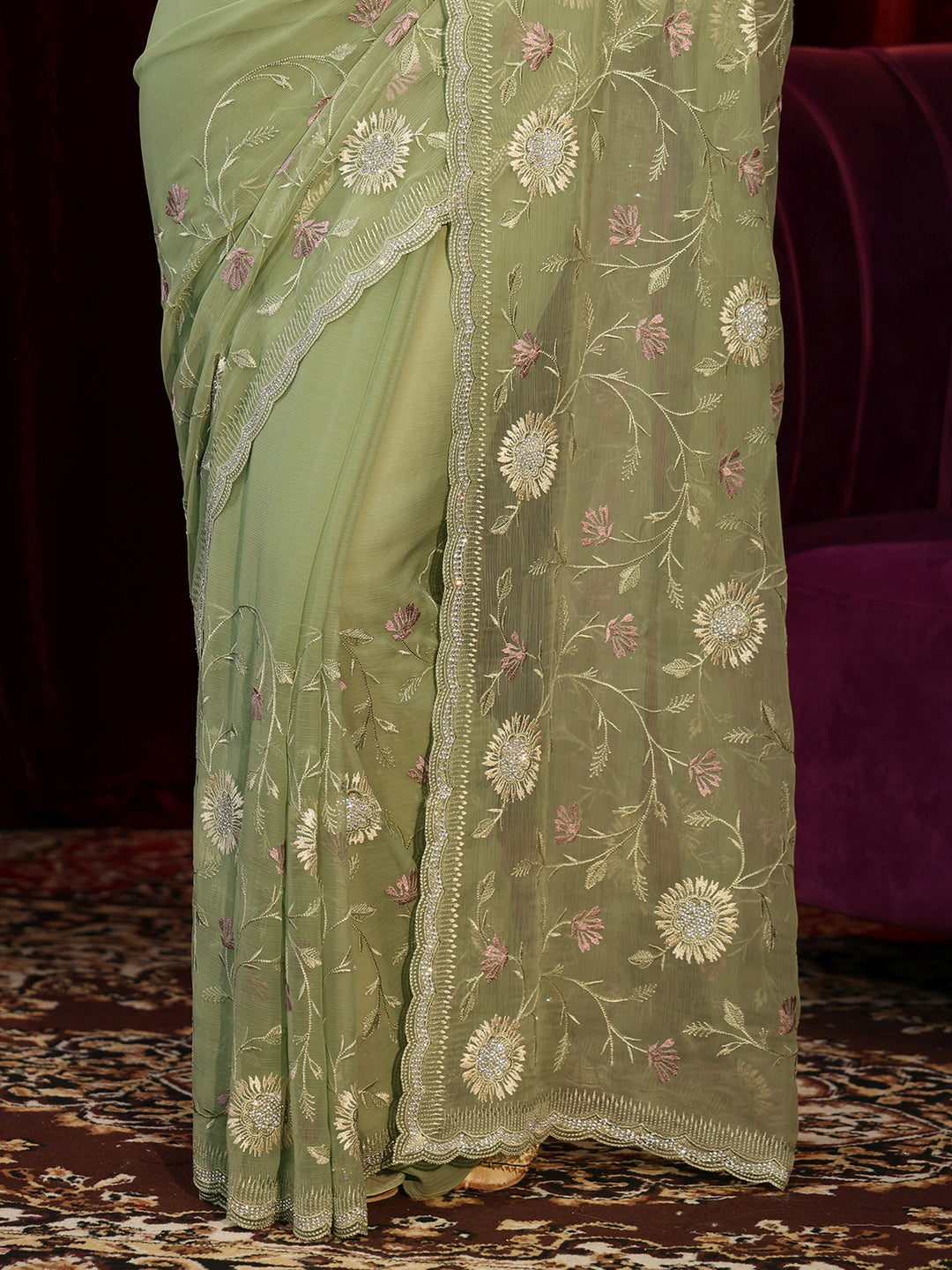  Sage Green Floral Embroidered Chiffon Saree 