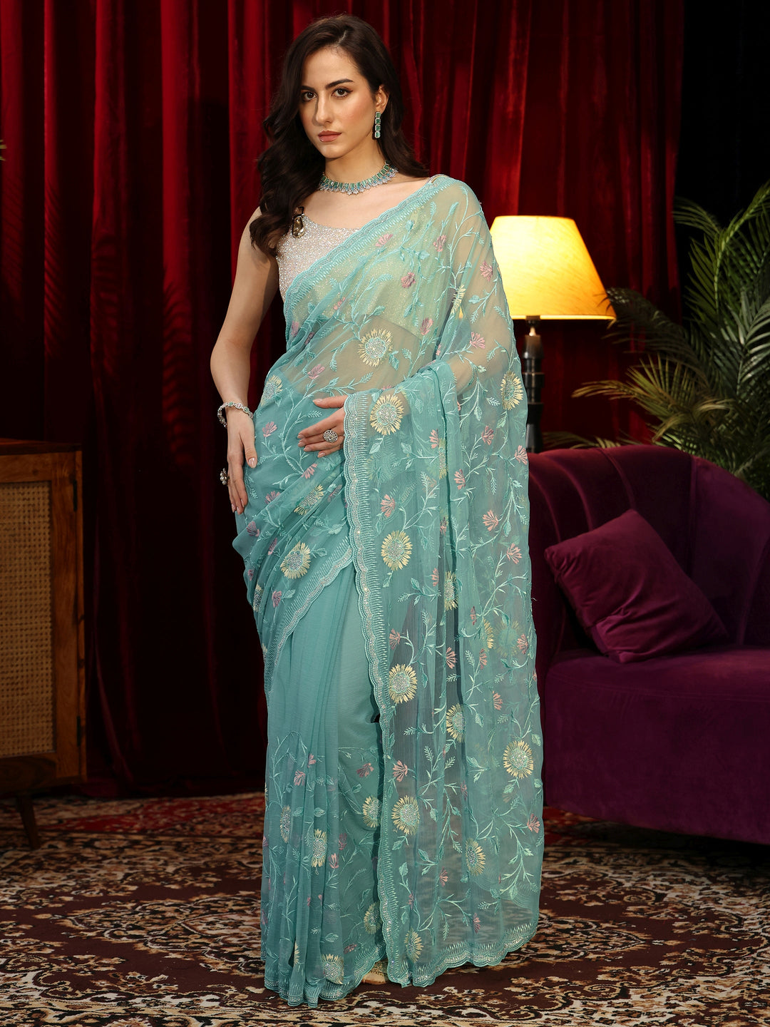  Sky Blue Floral Embroidered Chiffon Saree 