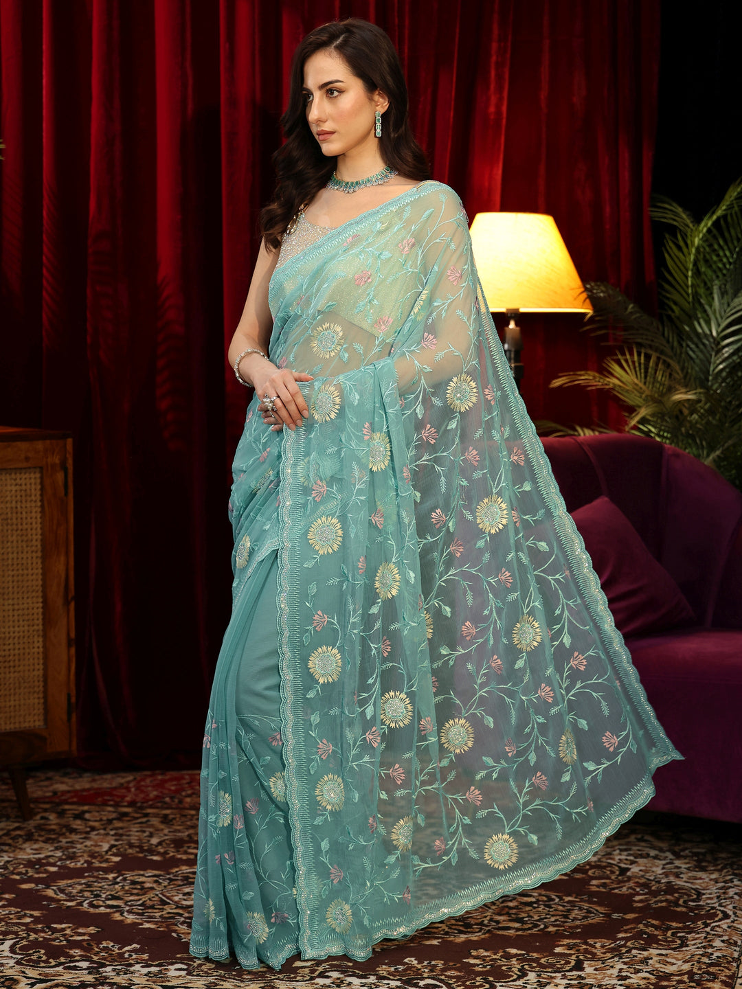  Sky Blue Floral Embroidered Chiffon Saree 
