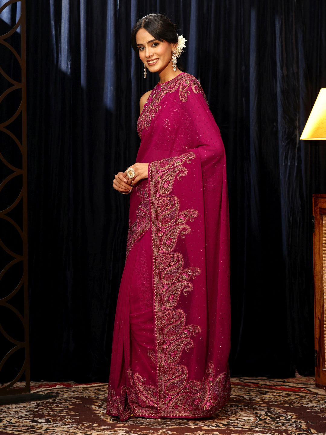  Aari Embroidered Magenta Pink Georgette Saree 