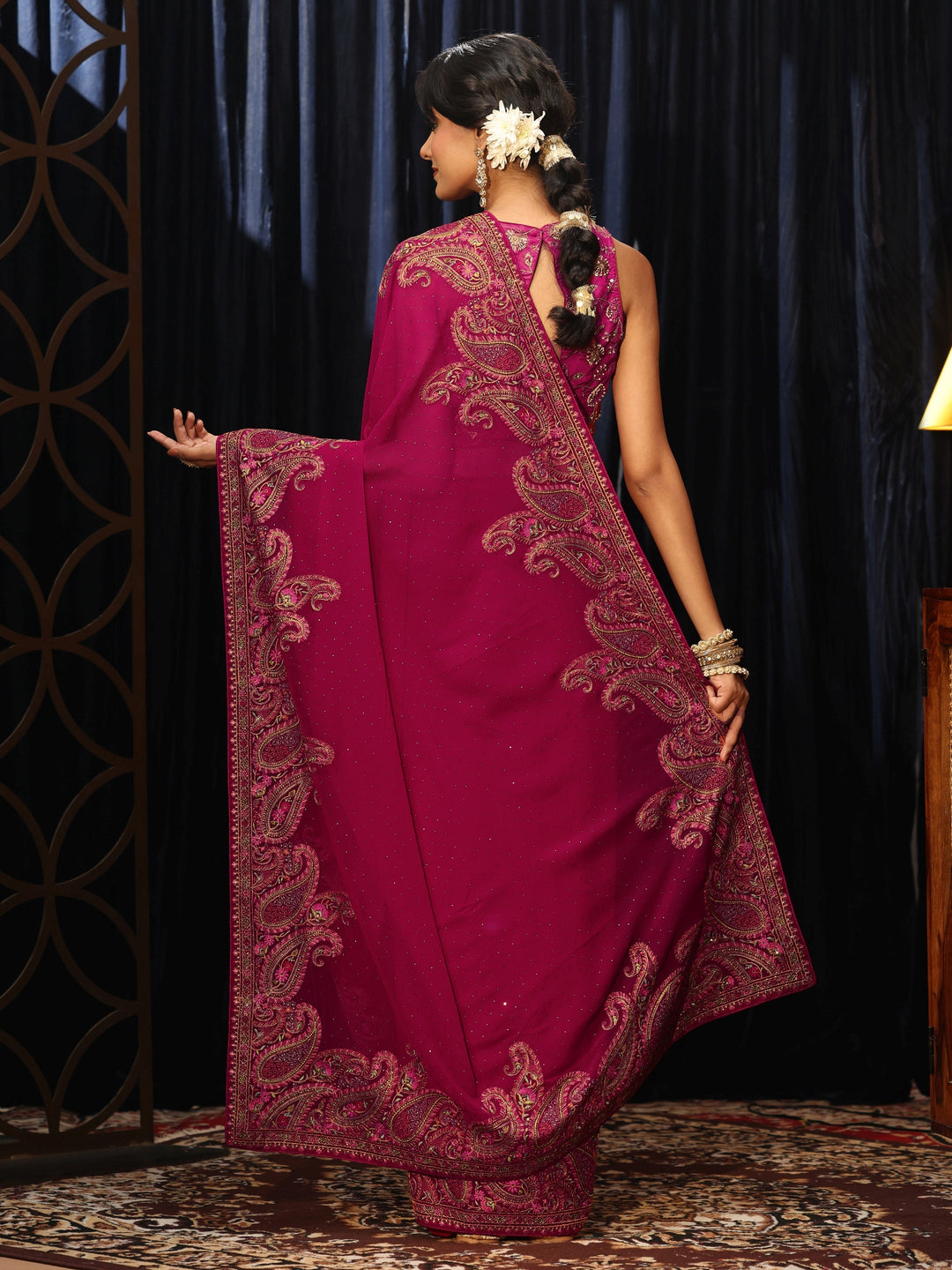  Aari Embroidered Magenta Pink Georgette Saree 