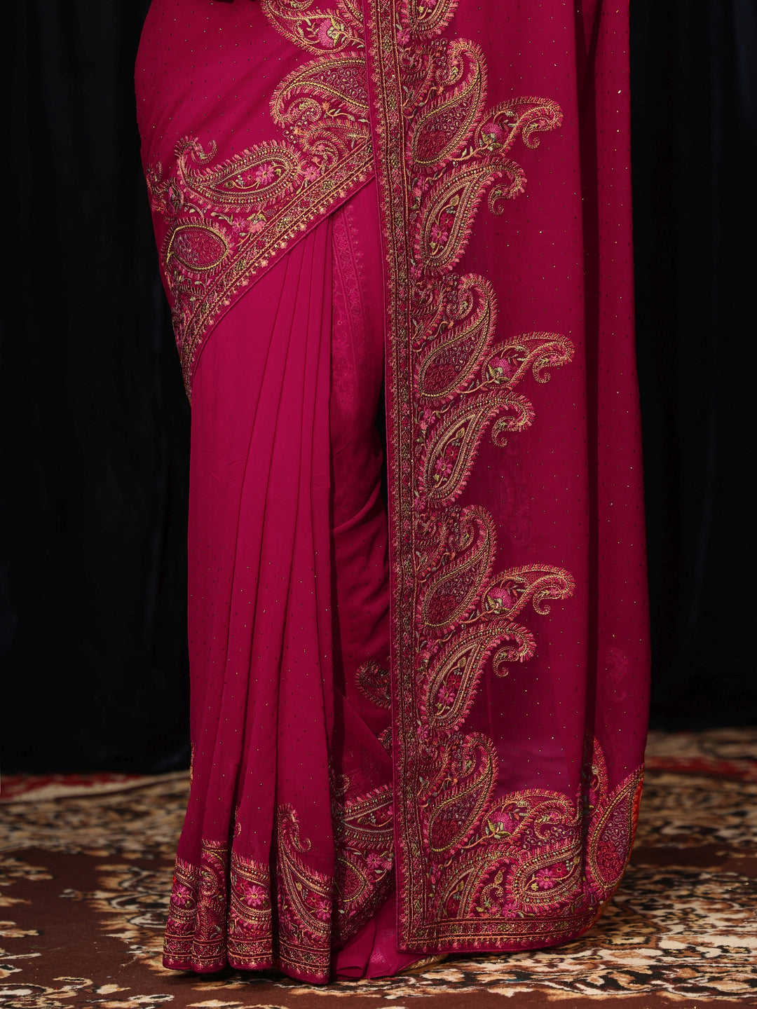  Aari Embroidered Magenta Pink Georgette Saree 