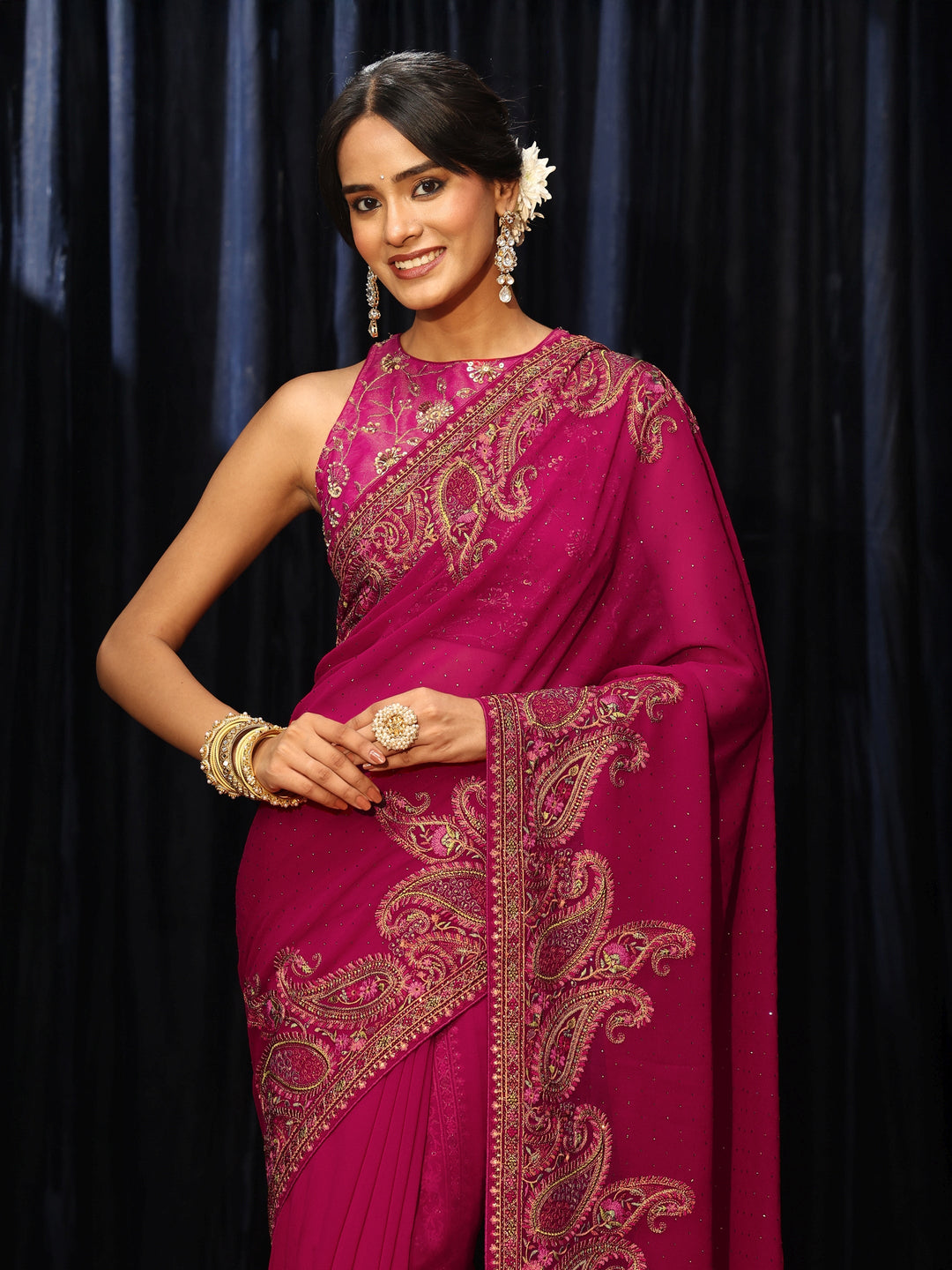  Aari Embroidered Magenta Pink Georgette Saree 