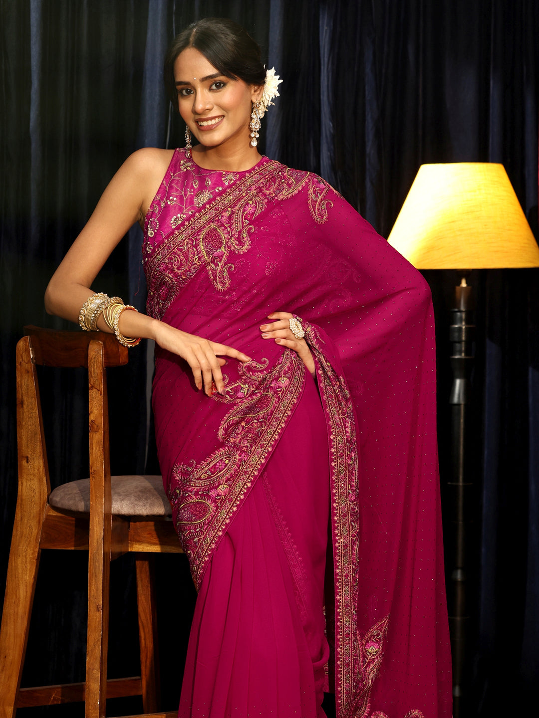  Aari Embroidered Magenta Pink Georgette Saree 