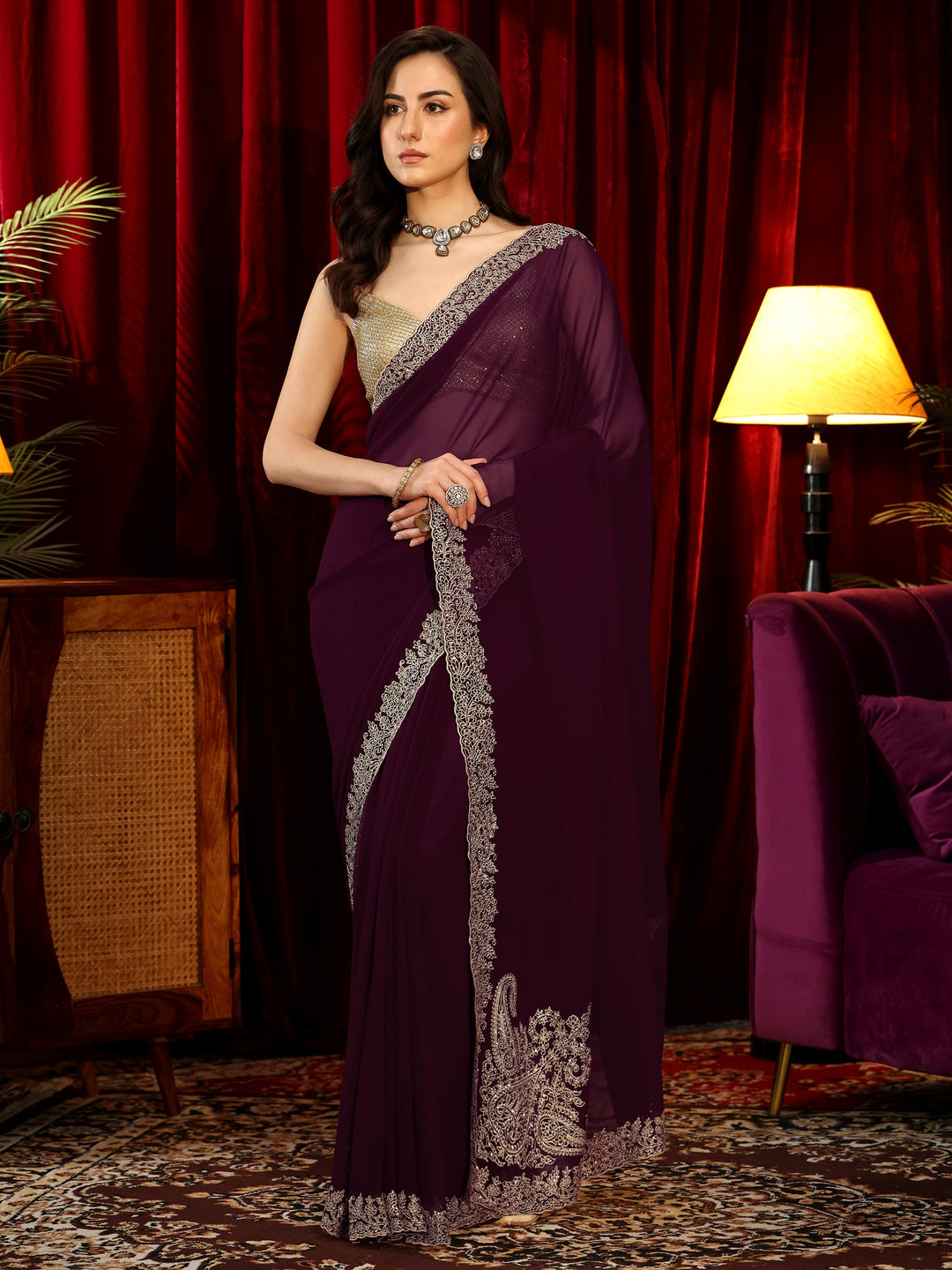  Wine Red Solid Georgette Saree 