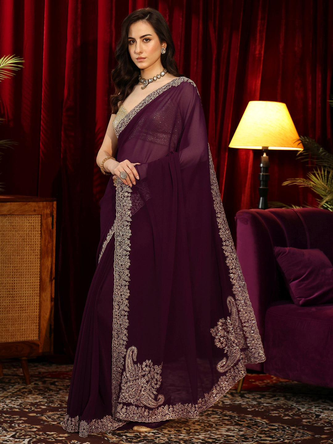  Wine Red Solid Georgette Saree 