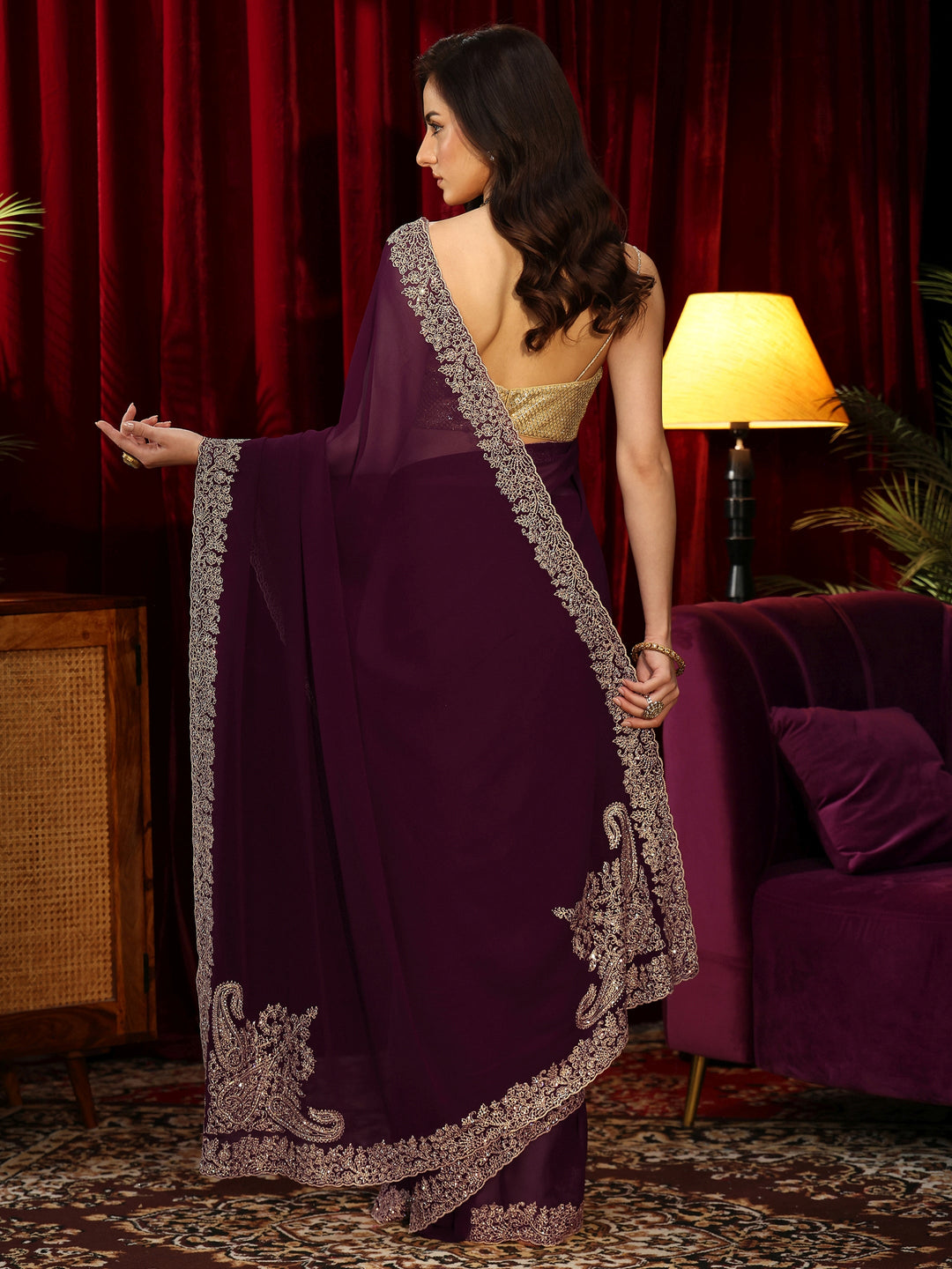  Wine Red Solid Georgette Saree 