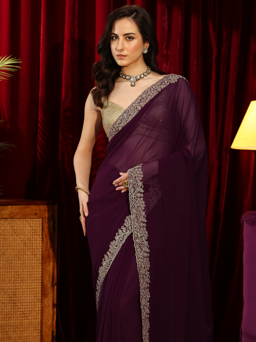  Wine Red Solid Georgette Saree 