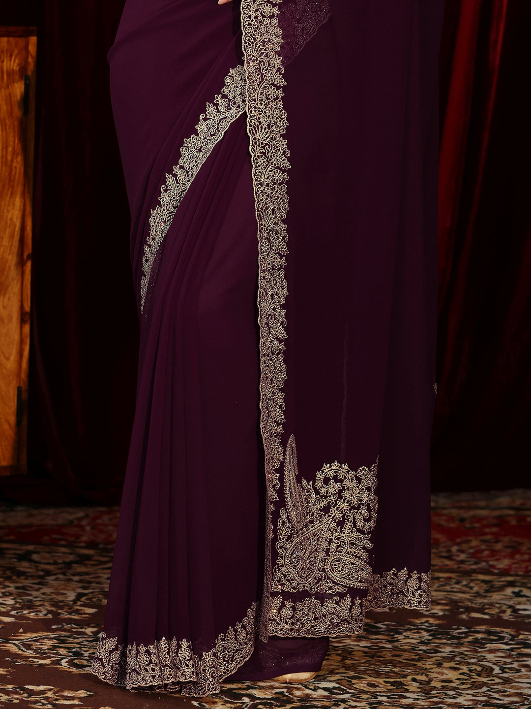  Wine Red Solid Georgette Saree 