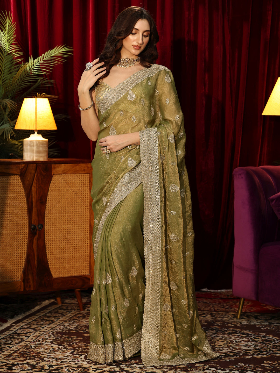  Henna Green Embellished Tissue Saree 
