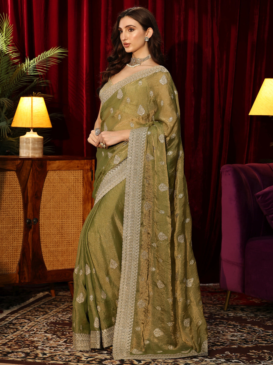  Henna Green Embellished Tissue Saree 
