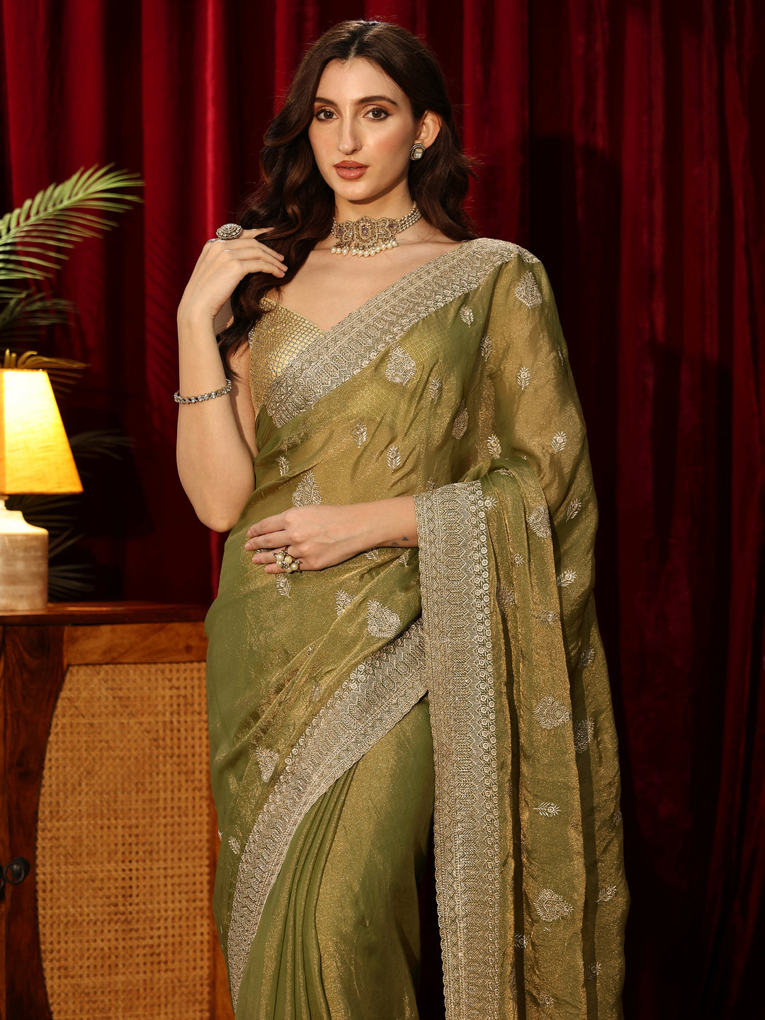  Henna Green Embellished Tissue Saree 