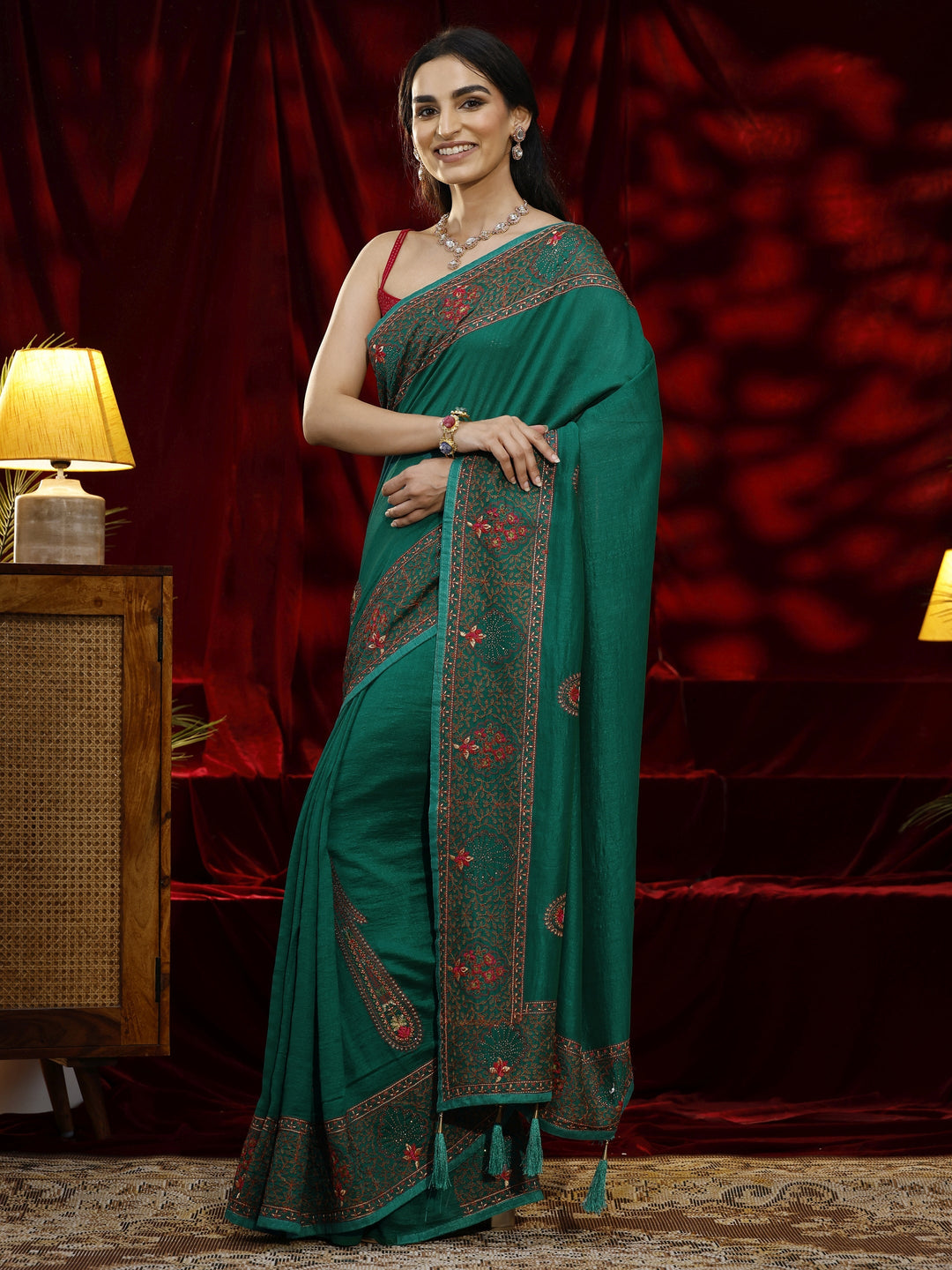  Libas Green Paisley Embroidered Silk blend Saree 