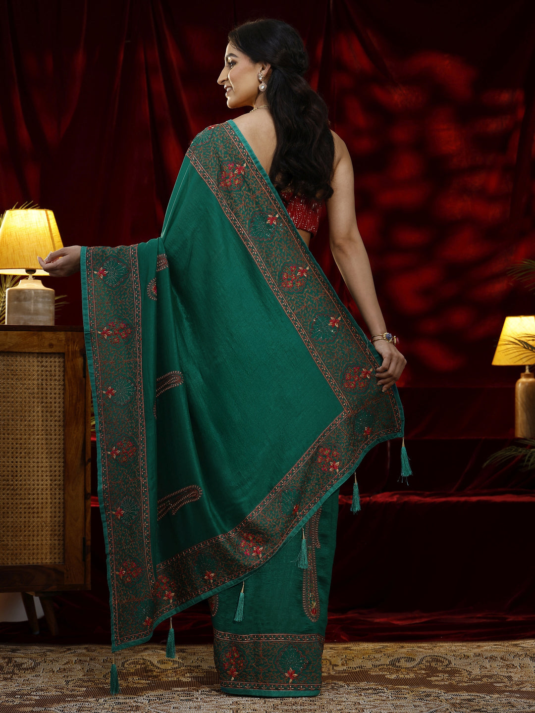  Libas Green Paisley Embroidered Silk blend Saree 