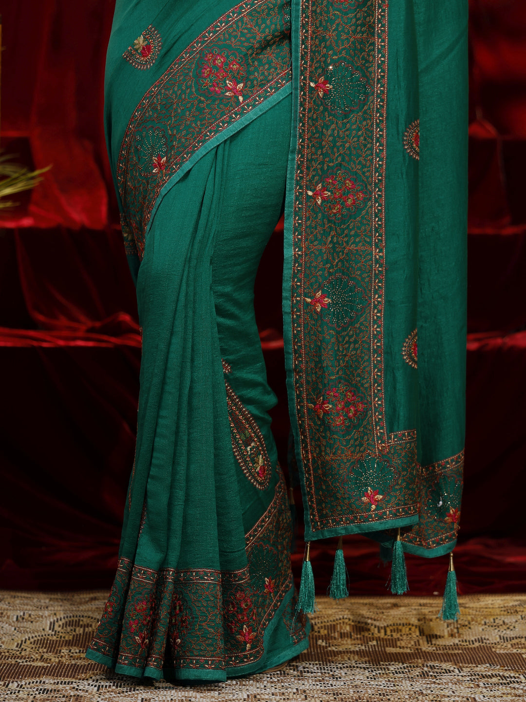  Libas Green Paisley Embroidered Silk blend Saree 