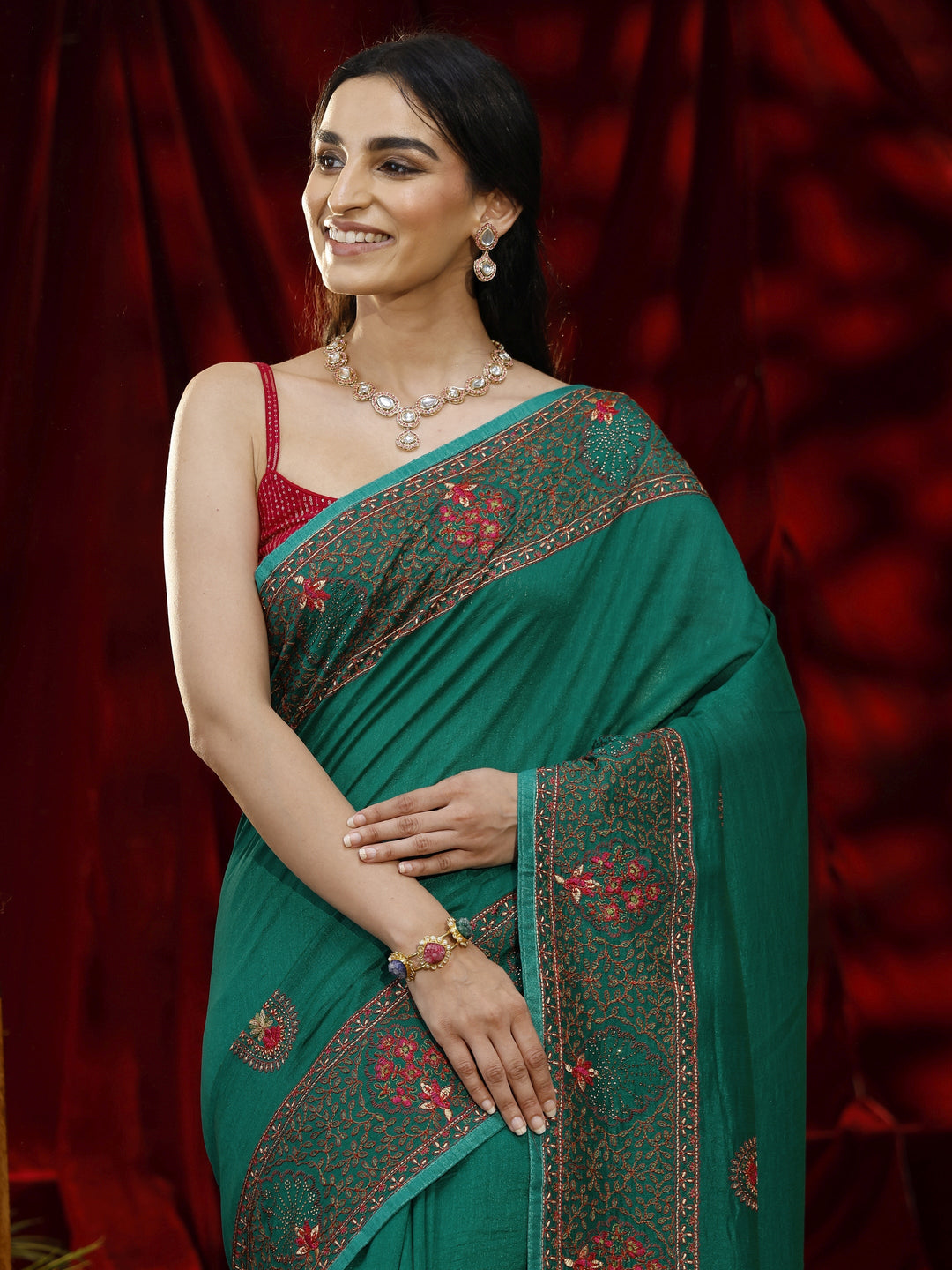  Libas Green Paisley Embroidered Silk blend Saree 