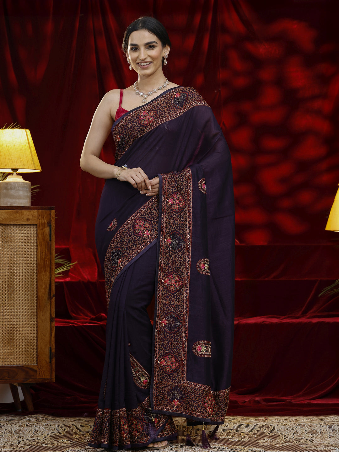  Libas Purple Paisley Embroidered Silk blend Saree 