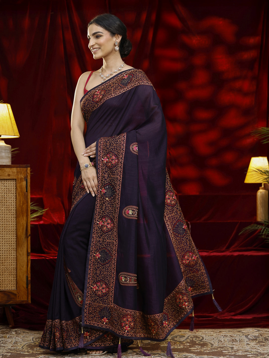  Libas Purple Paisley Embroidered Silk blend Saree 