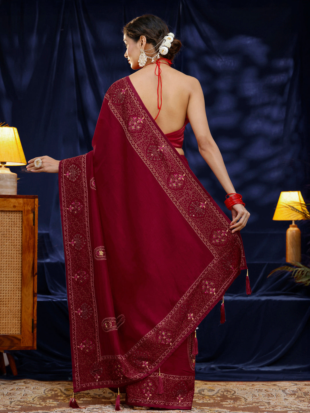  Libas Red Paisley Embroidered Silk blend Saree 
