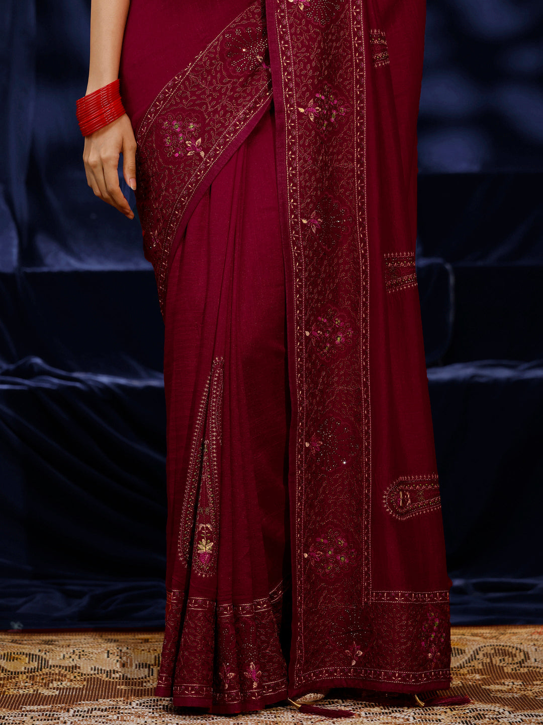  Libas Red Paisley Embroidered Silk blend Saree 