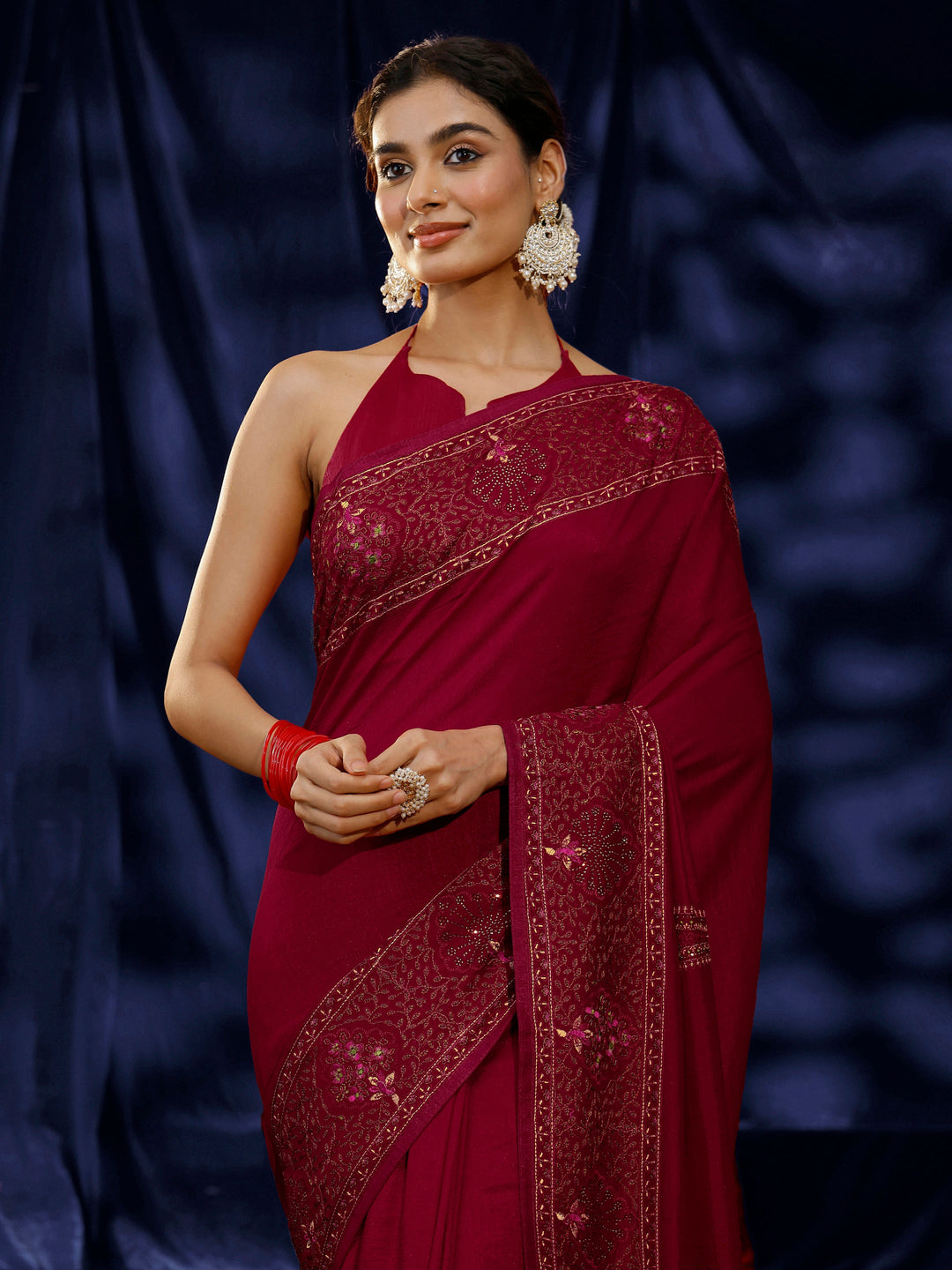  Libas Red Paisley Embroidered Silk blend Saree 