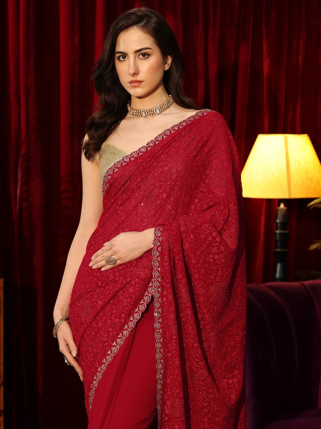  Carmine Red Paisley Embroidered Georgette Saree 
