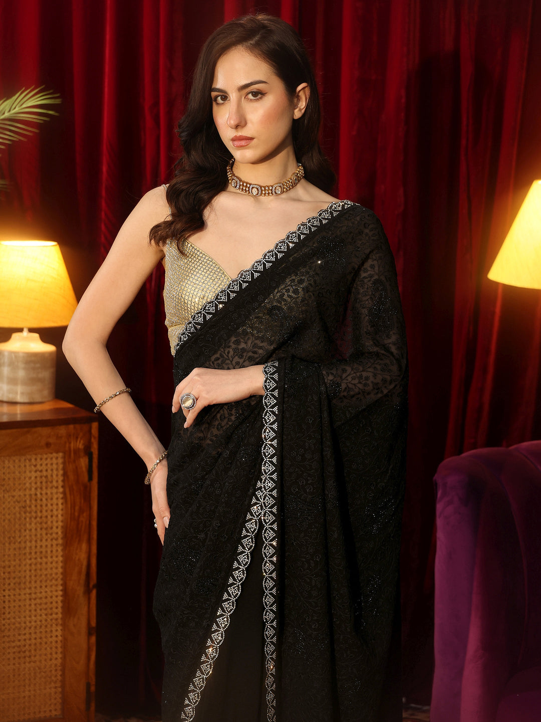  Black Paisley Embroidered Georgette Saree 