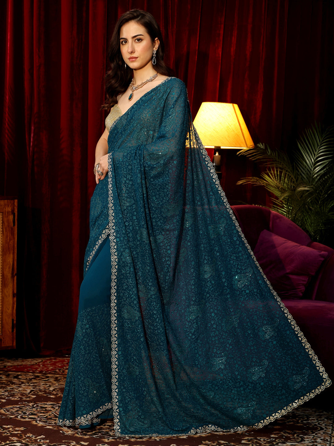  Teal Blue Paisley Embroidered Georgette Saree 
