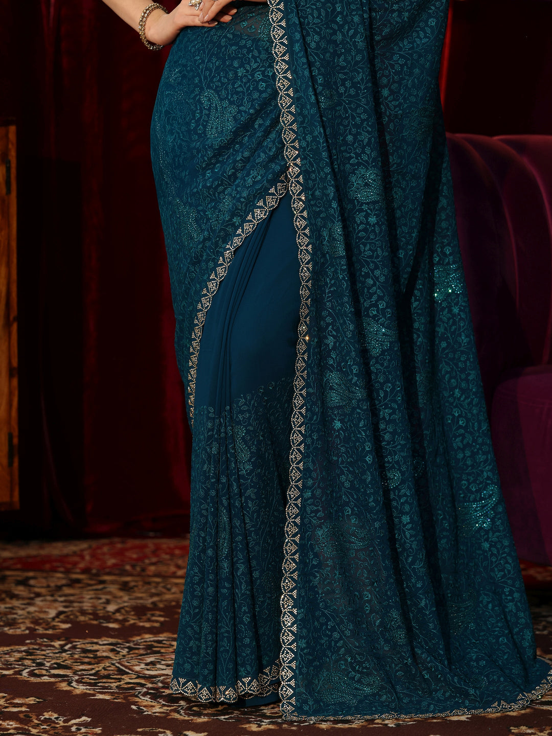  Teal Blue Paisley Embroidered Georgette Saree 