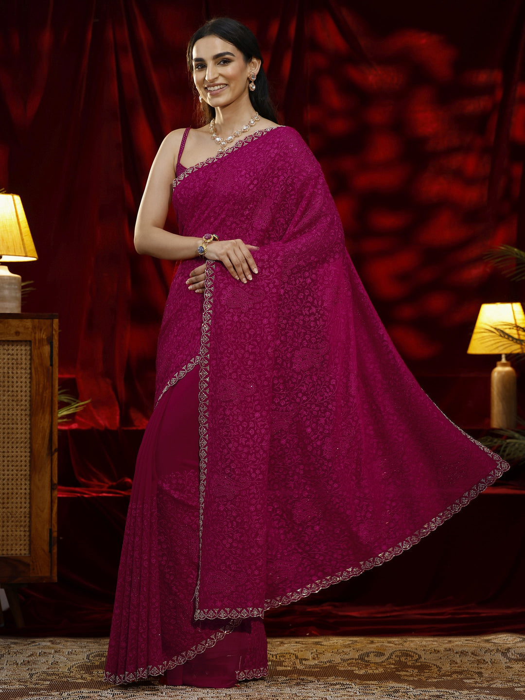  Libas Pink Floral Embroidered Georgette Saree 