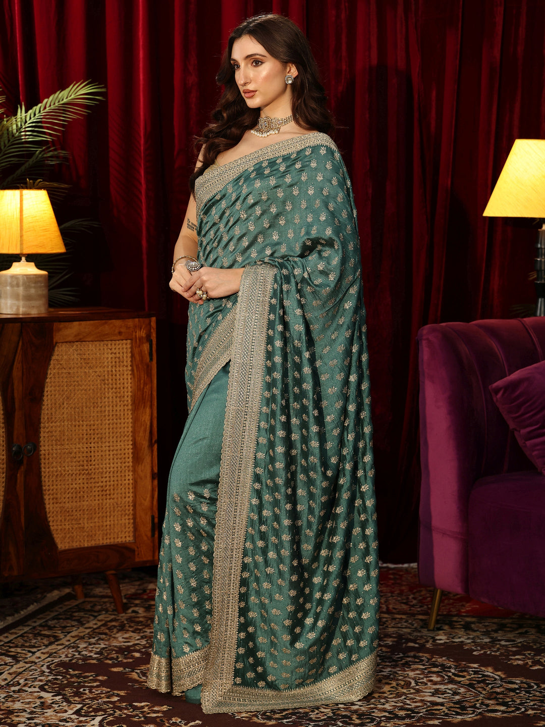  Basil Green Embellished Silk Blend Saree 