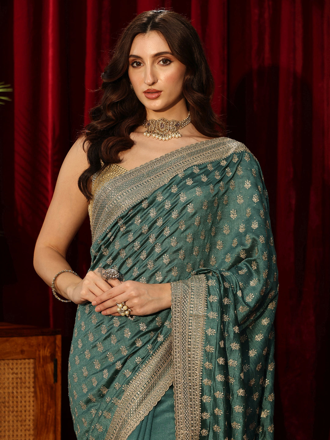  Basil Green Embellished Silk Blend Saree 