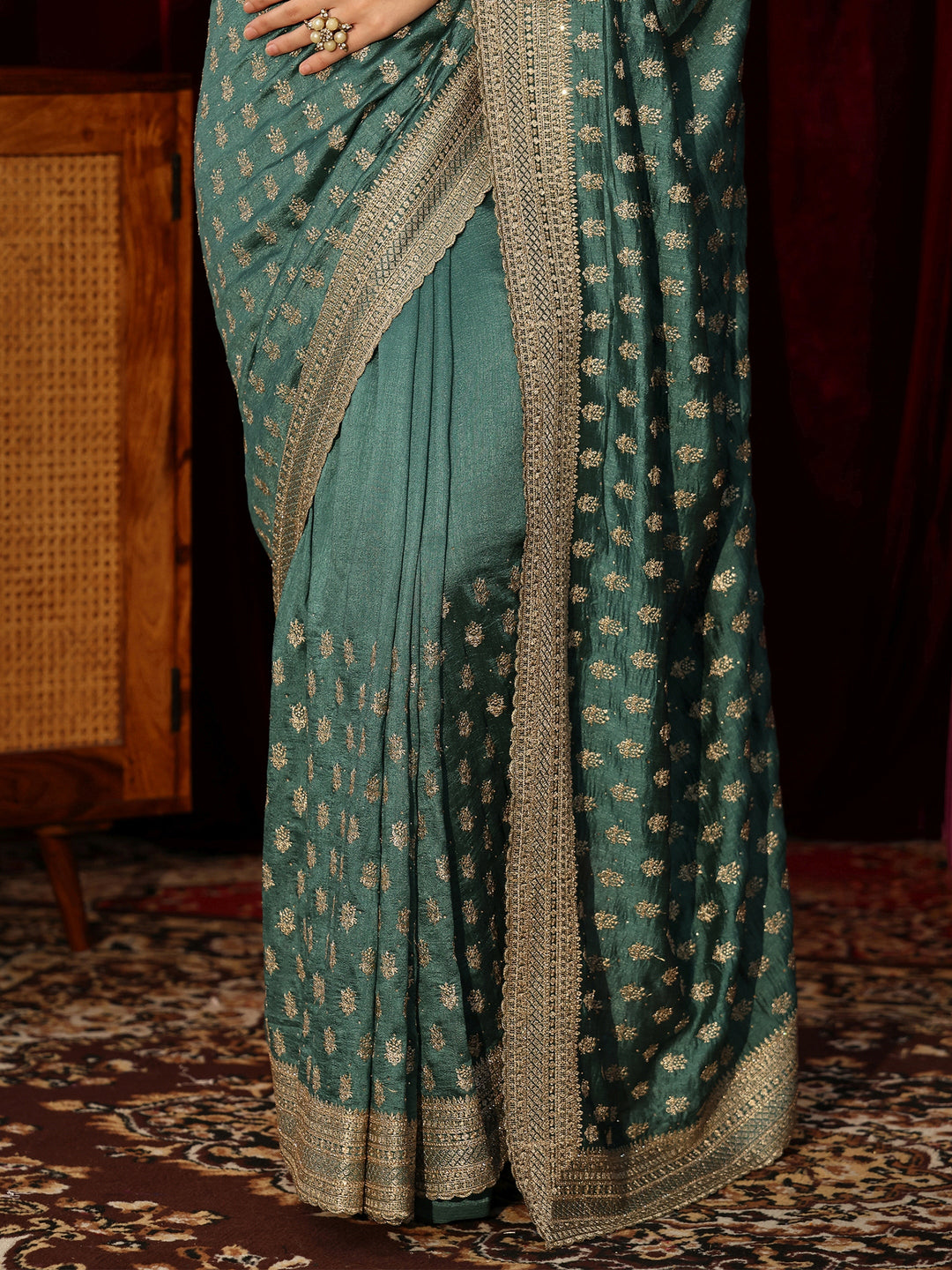  Basil Green Embellished Silk Blend Saree 